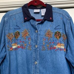 Bobbie Brooks Denim shirt Womens 18/20 Embroidered corduroy Cottage Core Novelty